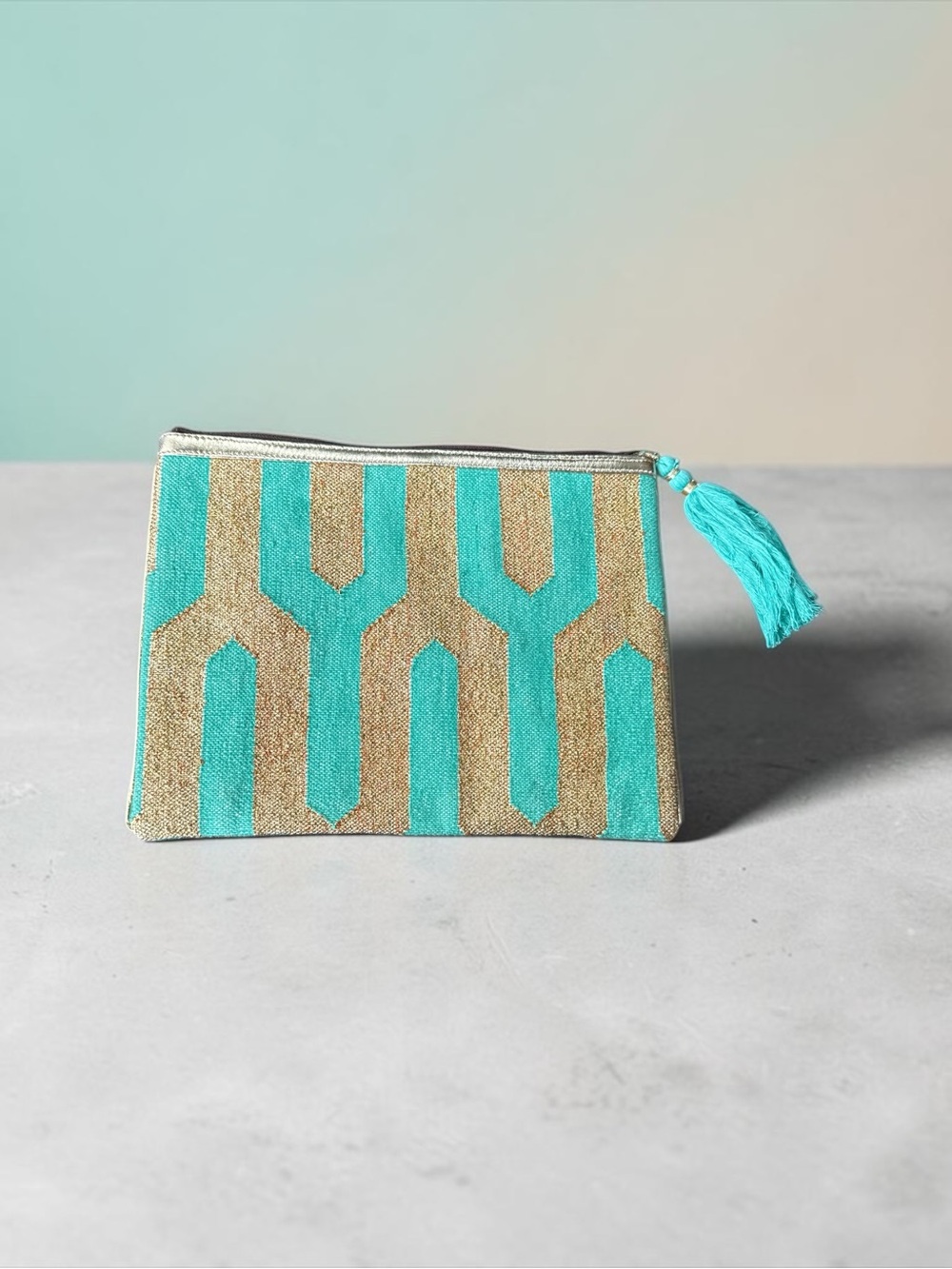 WKND WYFR Turquoise & Gold Geometric Tassel Clutch - Women Bags